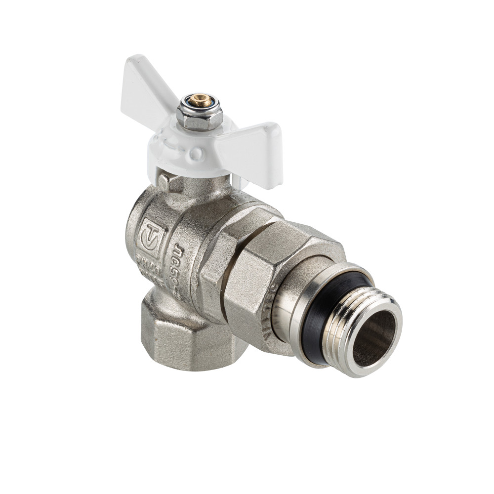 Кран шаровой «BASE-ГОСТ» угловой со сгоном, штуцером и белой ручкой-бабочкой VT.228S.NRW